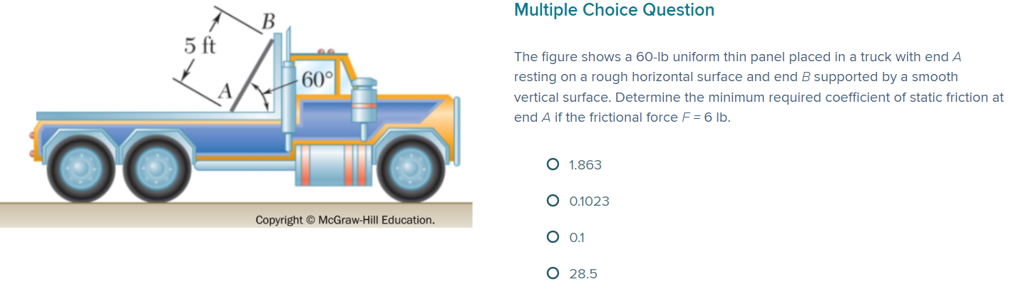 The Figure Shows A 60 Lb Uniform Thin Panel Placed In A Truck With End A Resting On A Rough Horizontal Surface And End B 1