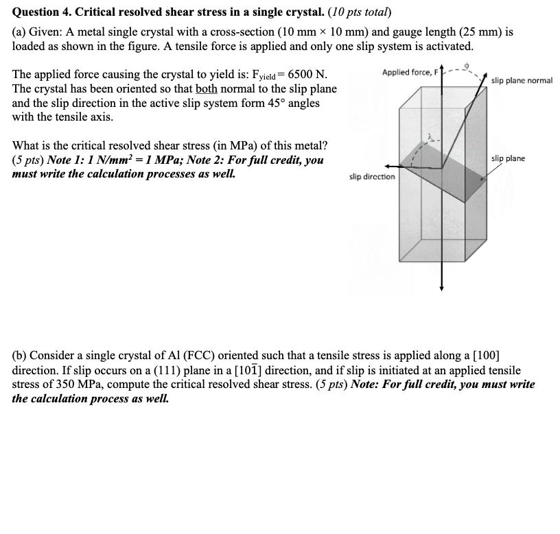 Question 4 Critical Resolved Shear Stress In A Single Crystal 10 Pts Total A Given A Metal Single Crystal With A 1