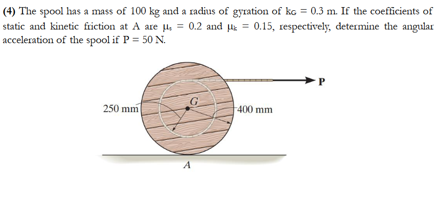 4 The Spool Has A Mass Of 100 Kg And A Radius Of Gyration Of Kg 0 3 M If The Coefficients Of Static And Kinetic Frict 1