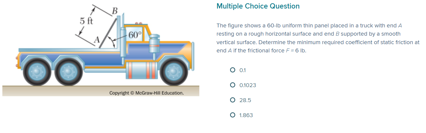 The Figure Shows A 60 Lb Uniform Thin Panel Placed In A Truck With End A Resting On A Rough Horizontal Surface And End B 1