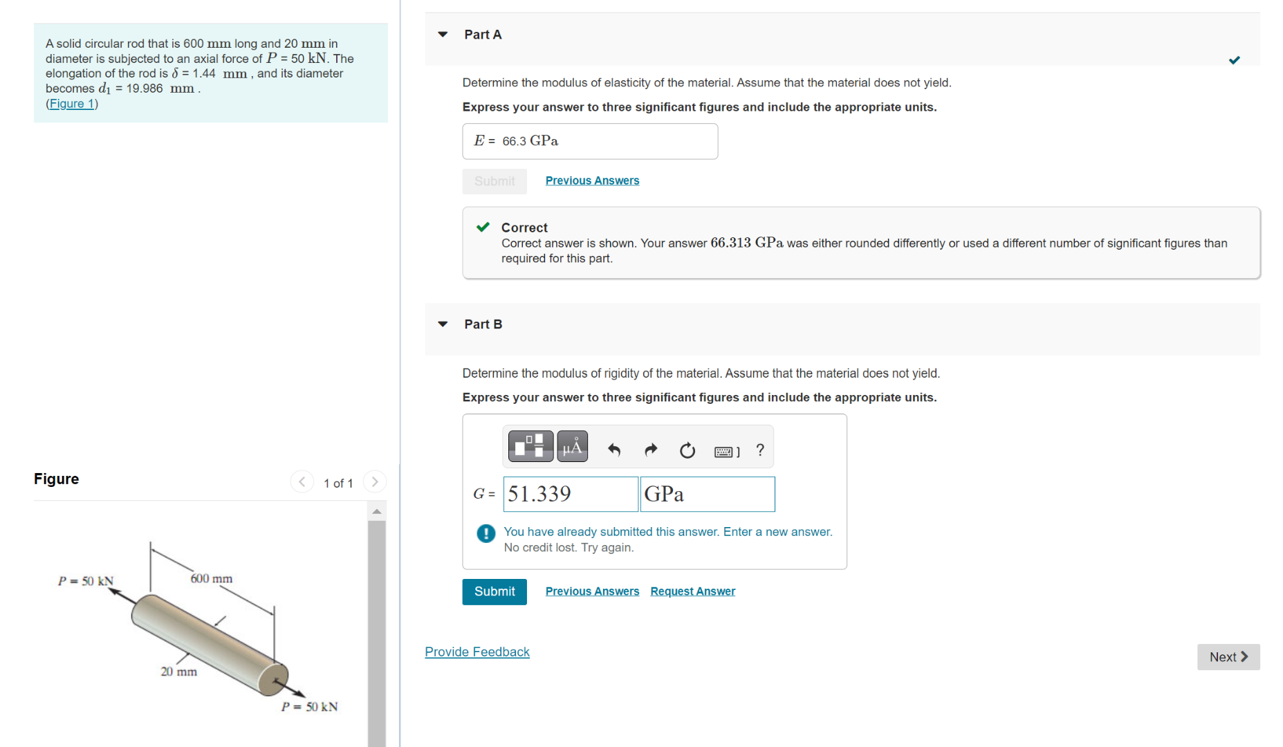 A Solid Circular Rod That Is 600 Mm Long And 20 Mm In Part A Diameter Is Subjected To An Axial Force Of P 50kn The Elon 1