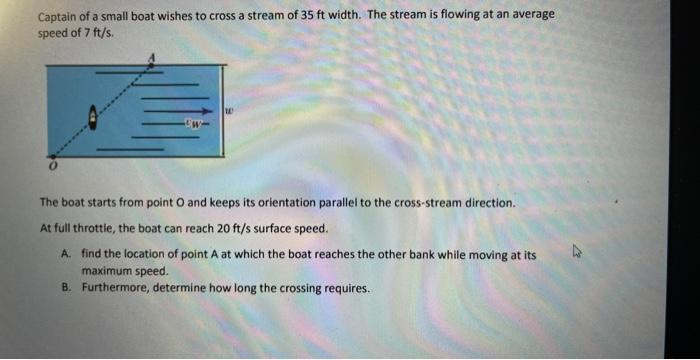 Captain Of A Small Boat Wishes To Cross A Stream Of 35ft Width The Stream Is Flowing At An Average Speed Of 7ft S The 1