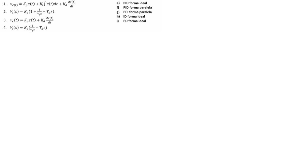 1 Vc T Kp E T Ki E T Dt Kd Dtde T E Pid Forma Ideal 2 Vc S Kp 1 Ti S1 Td S F Pid Forma Paralela G Pd For 1