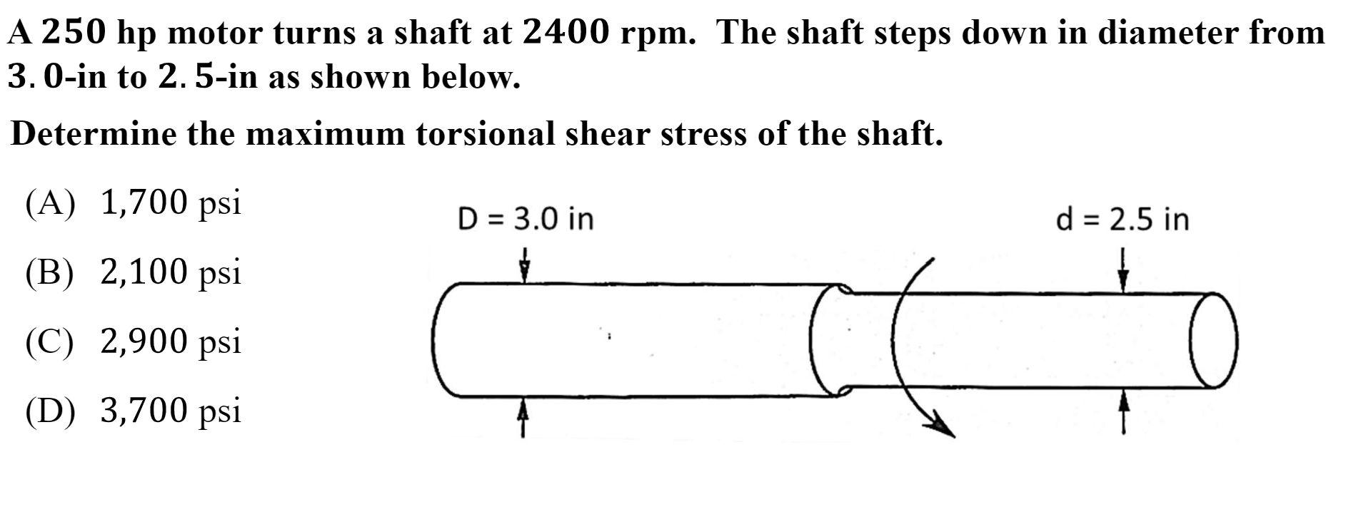 A 250hp Motor Turns A Shaft At 2400rpm The Shaft Steps Down In Diameter From 3 0 In To 2 5 In As Shown Below Determi 1