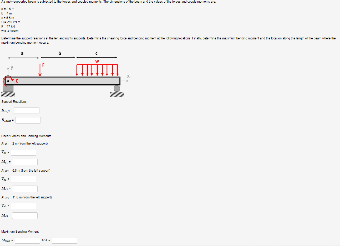 A 3 5 Mb 4 Mc 5 5 Mc 210kn Mf 17knw 39kn M Determine The Support Reactions At The Left And Rights Suppor Maximum Bendin 1