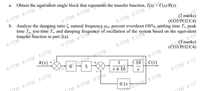 A Obtain The Equivalent Single Block That Represents The Transfer Function T S C S R S B Analyse The Damping Rat 1