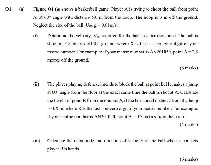 Figure Q1 A A Figure Q1 A Shows A Basketball Game Player A Is Trying To Shoot The Ball From Point A At 60 Angle 2