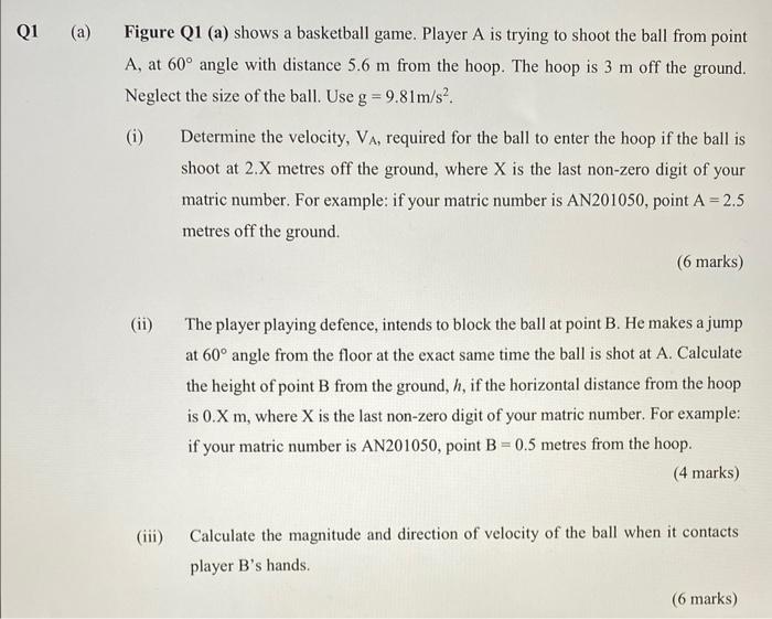 Figure Q1 A Shows A Basketball Game Player A Is Trying To Shoot The Ball From Point A At 60 Angle With Distance 5 6 1
