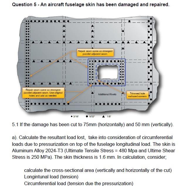 Question 5 An Aircraft Fuselage Skin Has Been Damaged And Repaired 5 1 If The Damage Has Been Cut To 75 Mm Horizonta 1