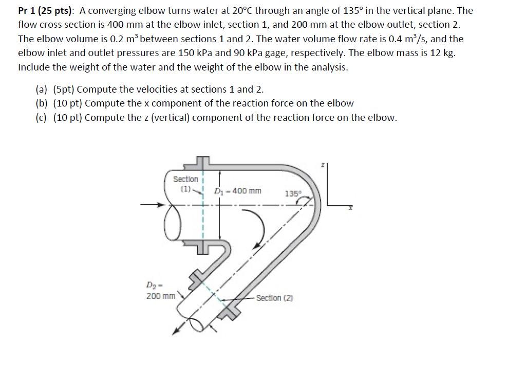 Pr 1 25 Pts A Converging Elbow Turns Water At 20 C Through An Angle Of 135 In The Vertical Plane The Flow Cross Sec 1