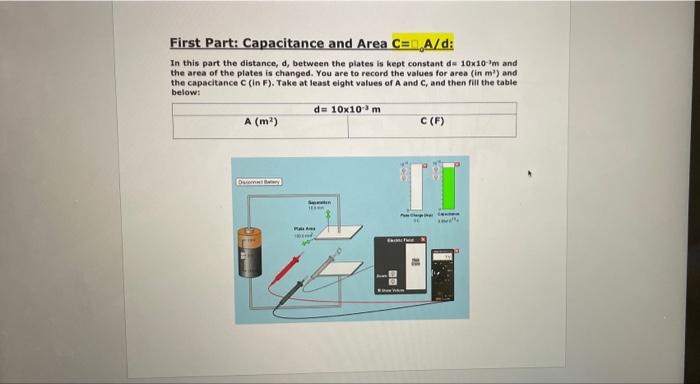 First Part Capacitance And Area C N A D In This Part The Distance D Between The Plates Is Kept Constant De 10x10m A 1