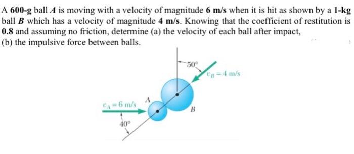 A 600 G Ball A Is Moving With A Velocity Of Magnitude 6 M S When It Is Hit As Shown By A 1 Kg Ball B Which Has A Velocit 1