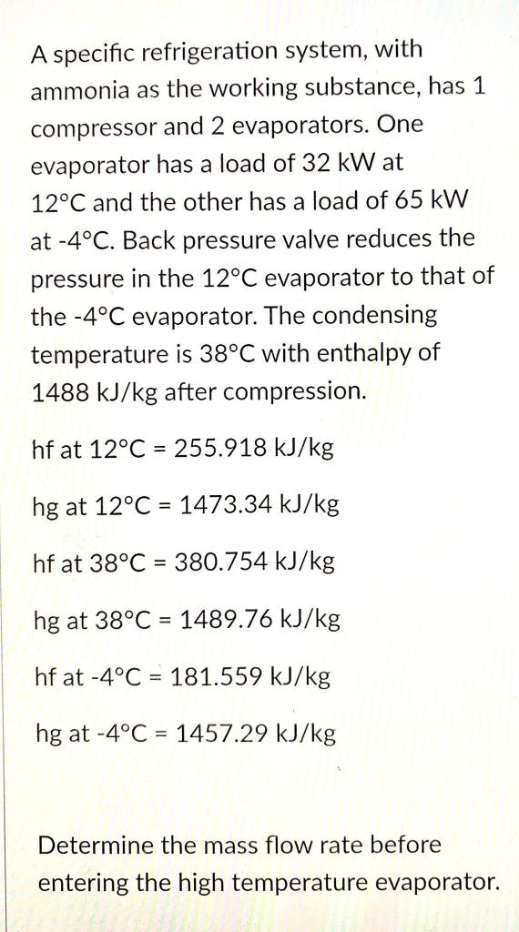 A Specific Refrigeration System With Ammonia As The Working Substance Has 1 Compressor And 2 Evaporators One Evaporat 1
