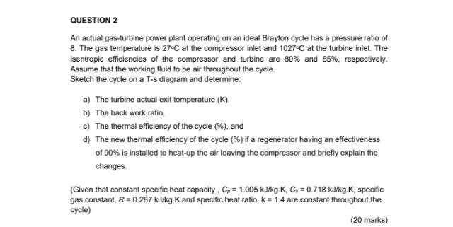 An Actual Gas Turbine Power Plant Operating On An Ideal Brayton Cycle Has A Pressure Ratio Of 8 The Gas Temperature Is 1