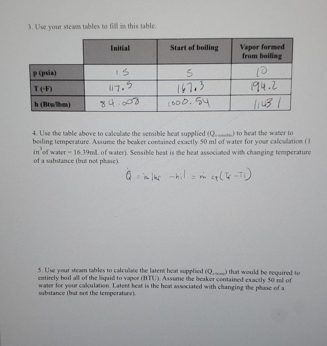 3 Use Your Steam Tables To Fill In This Table 4 Use The Table Above To Calculate The Sensible Heat Supplied Qs Sens 1