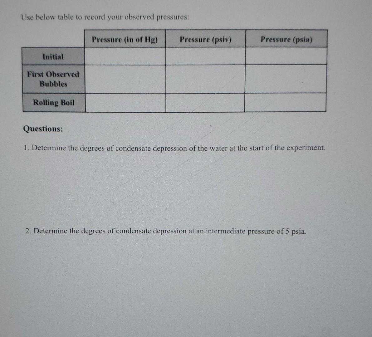 Use Below Table To Record Your Observed Pressures Questions 1 Determine The Degrees Of Condensate Depression Of The W 2