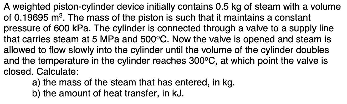 A Weighted Piston Cylinder Device Initially Contains 0 5 Kg Of Steam With A Volume Of 0 19695 M3 The Mass Of The Piston 1