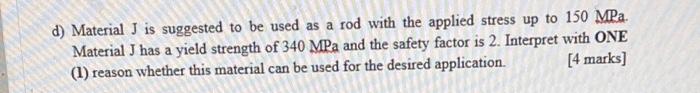 D Material J Is Suggested To Be Used As A Rod With The Applied Stress Up To 150mpa Material J Has A Yield Strength Of 1
