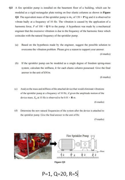 Q3 A Fire Sprinkler Pump Is Installed On The Basenent Floor Of A Building Which Ean Be Modeled As A Rigid Rectangular P 1