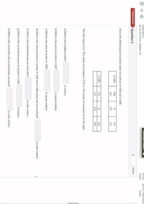 Question 4 Given The Following Level Section Notes For Stations 1 160 And 1 180 The Side Slope Is 2 1 The Rafias Of Cu 1