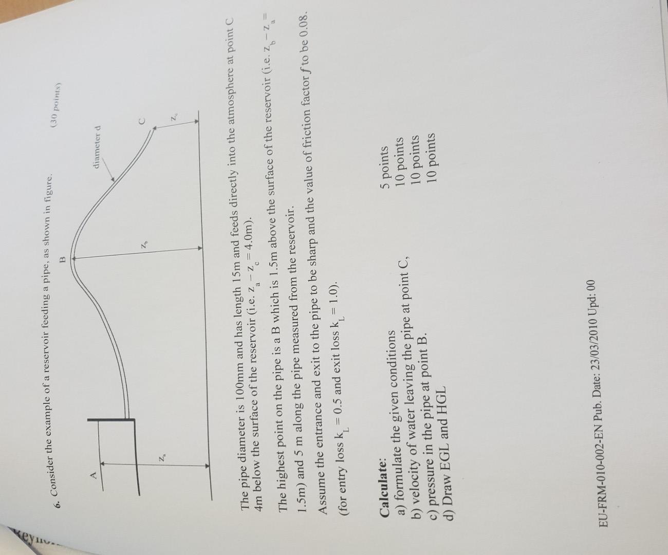 The Pipe Diameter Is 100 Mm And Has Length 15 M And Feeds Directly Into The Atmosphere At Point C 4 M Below The Surface 1