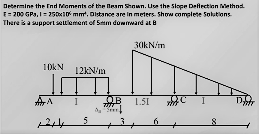 Determine The End Moments Of The Beam Shown Use The Slope Deflection Method E 200gpa I 250 106 Mm4 Distance Are In Me 1