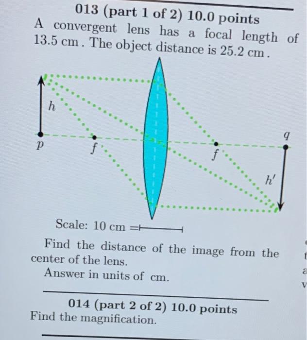 013 Part 1 Of 2 10 0 Points A Convergent Lens Has A Focal Length Of 13 5 Cm The Object Distance Is 25 2 Cm H 9 P F H 1
