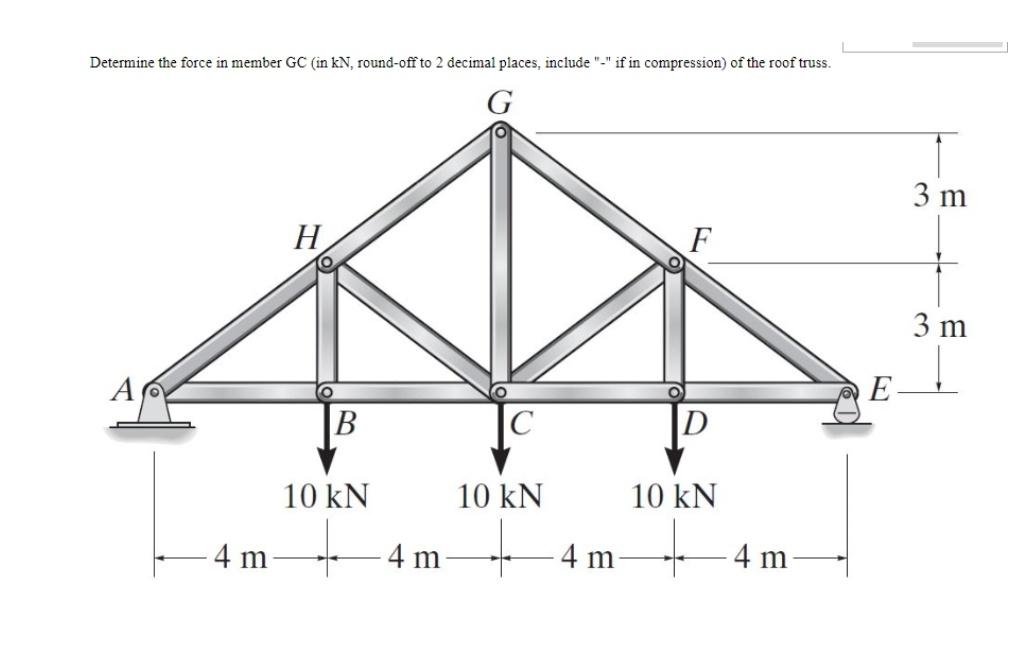 Determine The Force In Member Gc In Kn Round Off To 2 Decimal Places Include If In Compression Of The Roof Truss 1