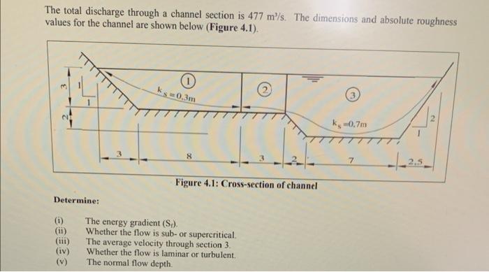 The Total Discharge Through A Channel Section Is 477 M2 S The Dimensions And Absolute Roughness Values For The Channel 1