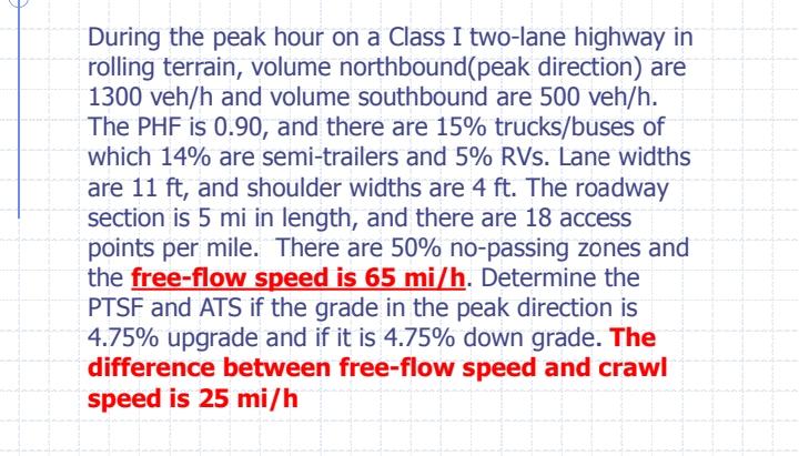 During The Peak Hour On A Class I Two Lane Highway In Rolling Terrain Volume Northbound Peak Direction Are 1300veh H A 1