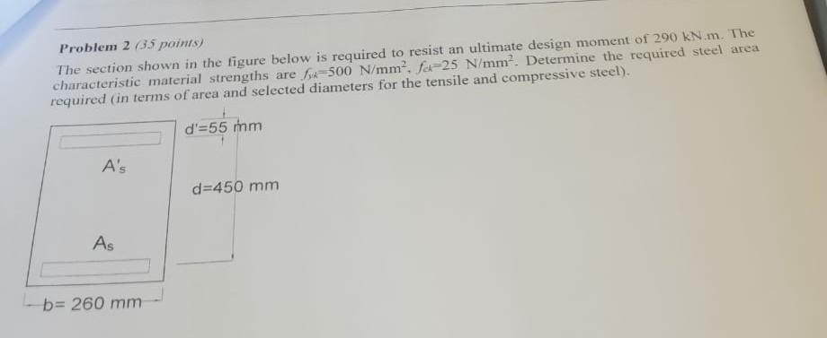 Problem 2 35 Poinss The Section Shown In The Figure Below Is Required To Resist An Ultimate Design Moment Of 290kn M 1