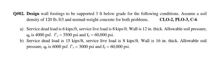 Q 02 Design Wall Footings To Be Supported 3ft Below Grade For The Following Conditions Assume A Soil Density Of 120lb 1