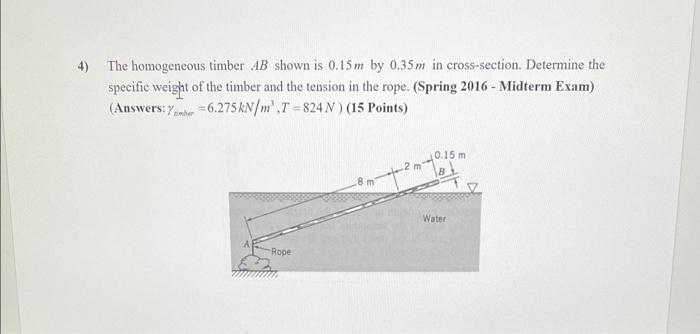 The Homogeneous Timber Ab Shown Is 0 15 M By 0 35 M In Cross Section Determine The Specific Weight Of The Timber And Th 1