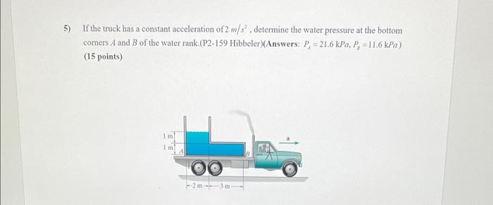 5 If The Truck Has A Constant Acceleration Of 2 M S2 Determine The Water Pressure At The Bottom Corners A And B Of The 1