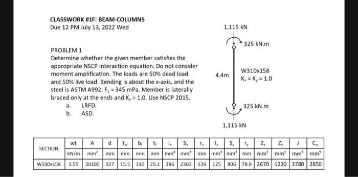 Problem 1 Determine Whether The Given Member Satisfies The Appropriate Nscp Interaction Equation Do Not Consider Moment 1