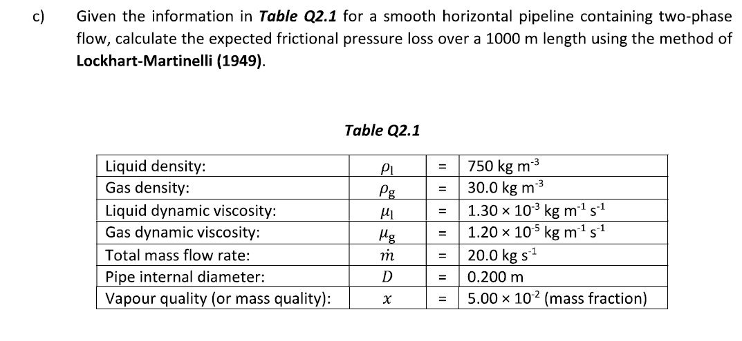 Given The Information In Table Q2 1 For A Smooth Horizontal Pipeline Containing Two Phase Flow Calculate The Expected F 1