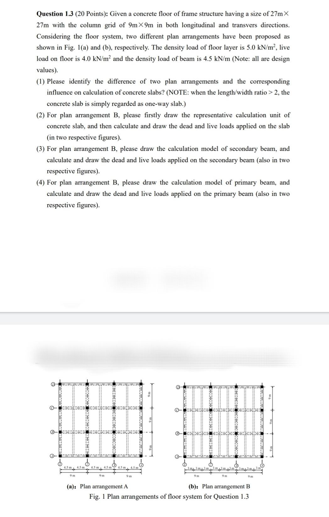 Question 1 3 20 Points Given A Concrete Floor Of Frame Structure Having A Size Of 27 M 27 M With The Column Grid Of 1