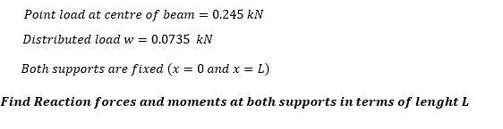 Point Load At Centre Of Beam 0 245kn Distributed Load W 0 0735kn Both Supports Are Fixed X 0 And X L Ind Reaction For 2