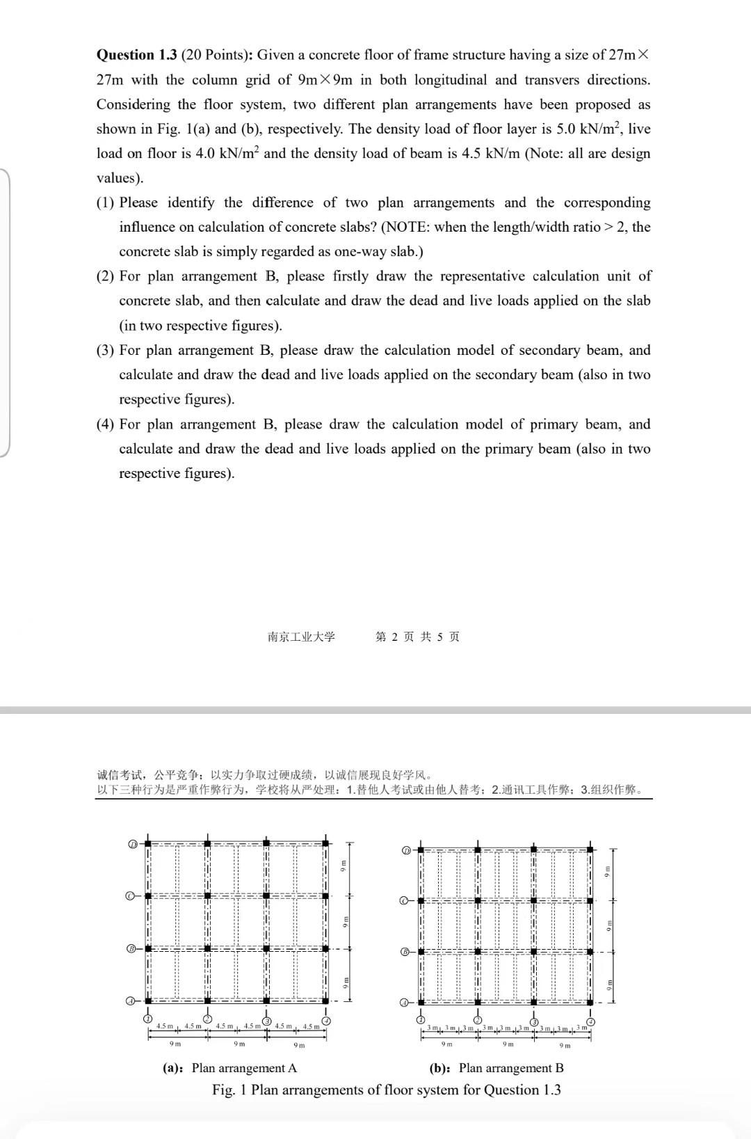 Question 1 3 20 Points Given A Concrete Floor Of Frame Structure Having A Size Of 27 M 27 M With The Column Grid Of 1