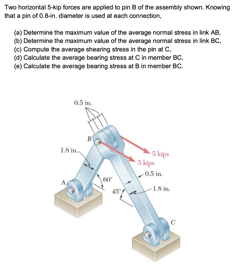 Two Horizontal 5 Kip Forces Are Applied To Pin B Of The Assembly Shown Knowing That A Pin Of 0 8 In Diameter Is Used A 1