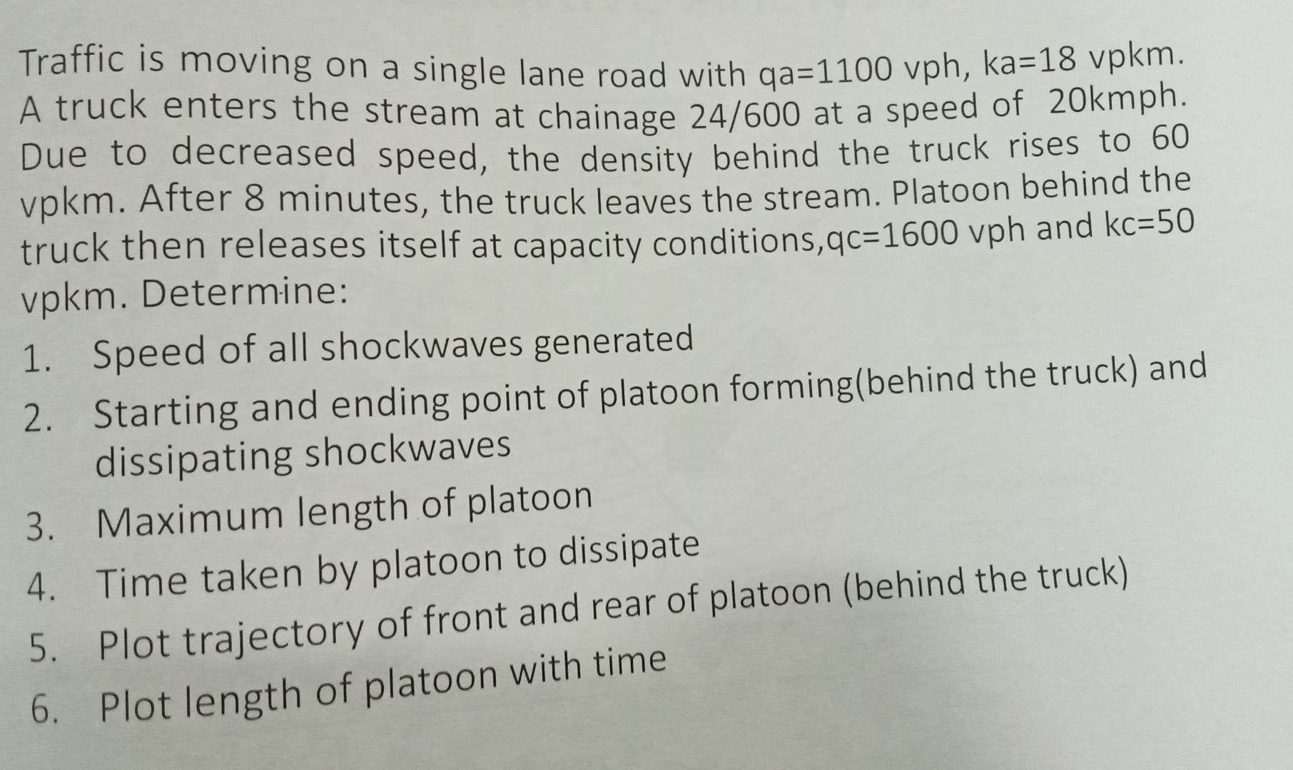 Traffic Is Moving On A Single Lane Road With Qa 1100vph Ka 18vpkm A Truck Enters The Stream At Chainage 24 600 At A Spe 1