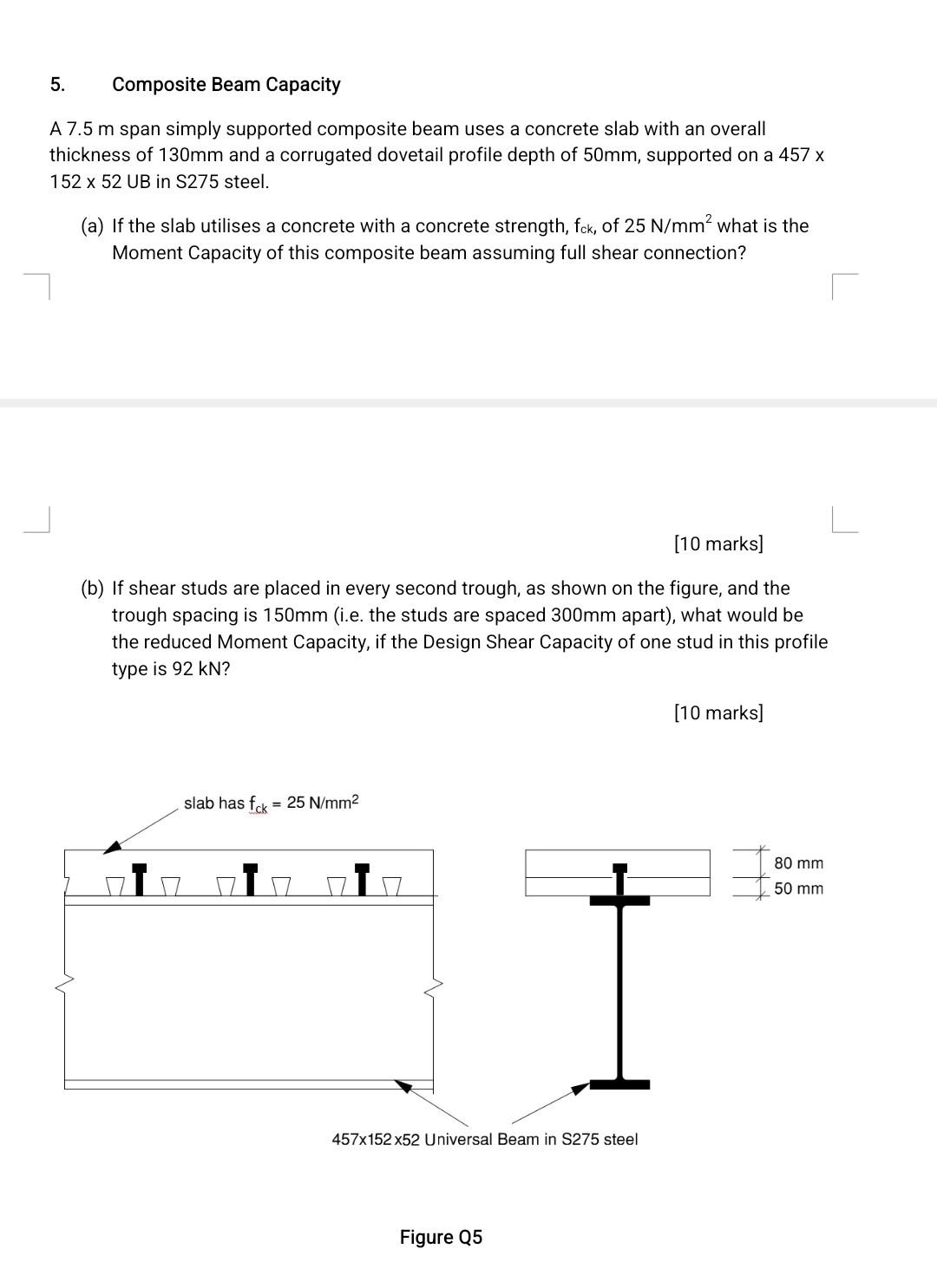 5 Composite Beam Capacity A 7 5 M Span Simply Supported Composite Beam Uses A Concrete Slab With An Overall Thickness O 1