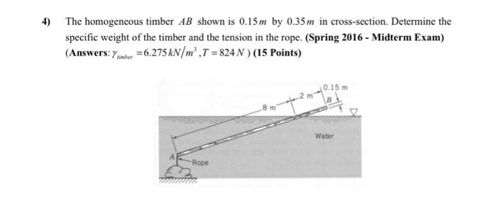 The Homogeneous Timber Ab Shown Is 0 15 M By 0 35 M In Cross Section Determine The Specific Weight Of The Timber And Th 1