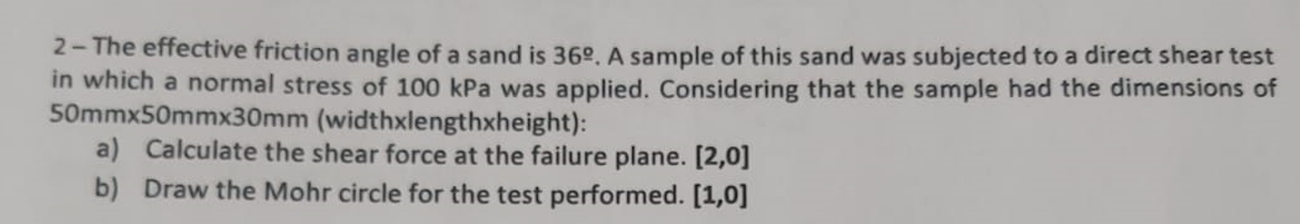 2 The Effective Friction Angle Of A Sand Is 36 A Sample Of This Sand Was Subjected To A Direct Shear Test In Which 1