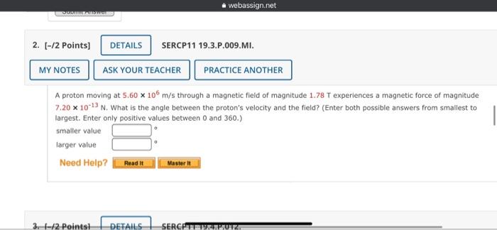 Webassign Net Dot 2 2 Points Details Sercp11 19 3 P 009 Mi My Notes Ask Your Teacher Practice Another A Proton Mo 1