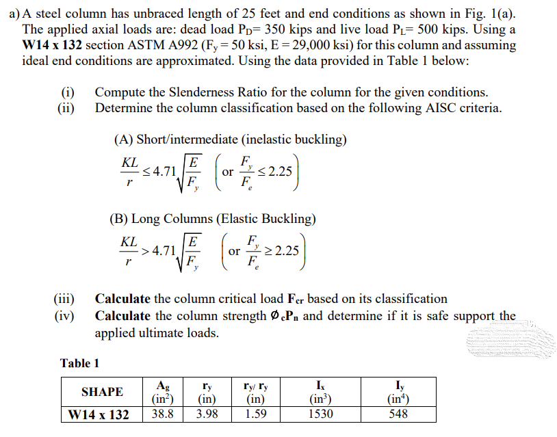 A Steel Column Has Unbraced Length Of 25 Feet And End Conditions As Shown In Fig 1 A The Applied Axial Loads Are Dea 1
