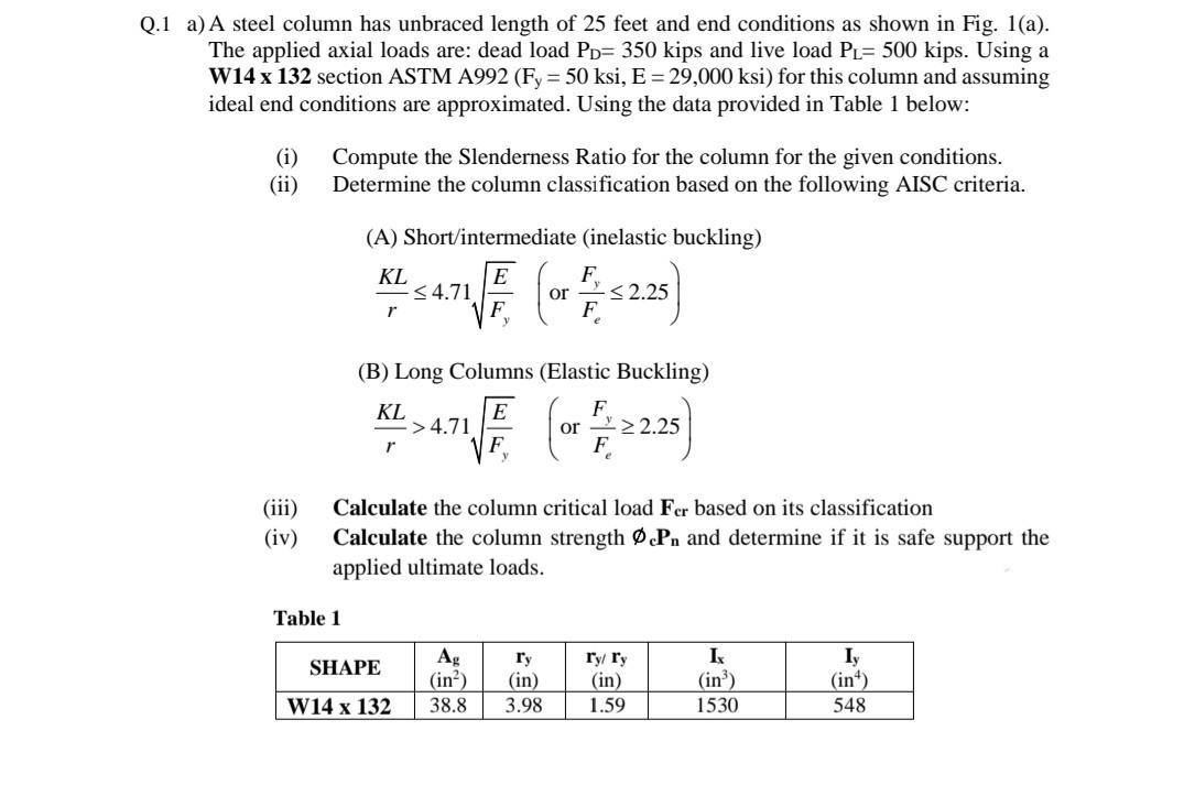 A A Steel Column Has Unbraced Length Of 25 Feet And End Conditions As Shown In Fig 1 A The Applied Axial Loads Are 1