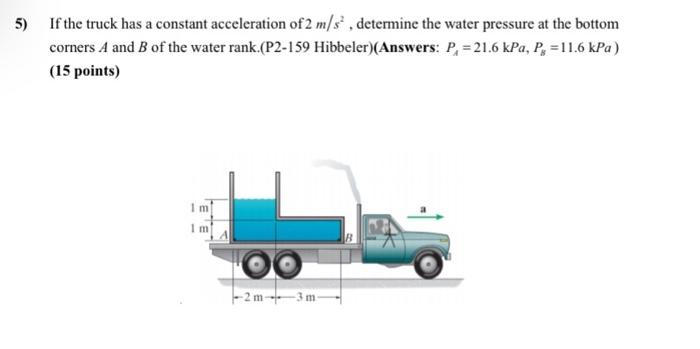 5 If The Truck Has A Constant Acceleration Of 2 M S2 Determine The Water Pressure At The Bottom Corners A And B Of The 1