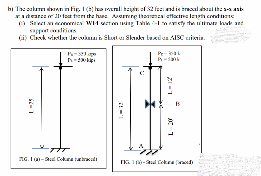B The Column Shown In Fig 1 B Has Overall Height Of 32 Feet And Is Braced About The X X Axis At A Distance Of 20 Fee 1