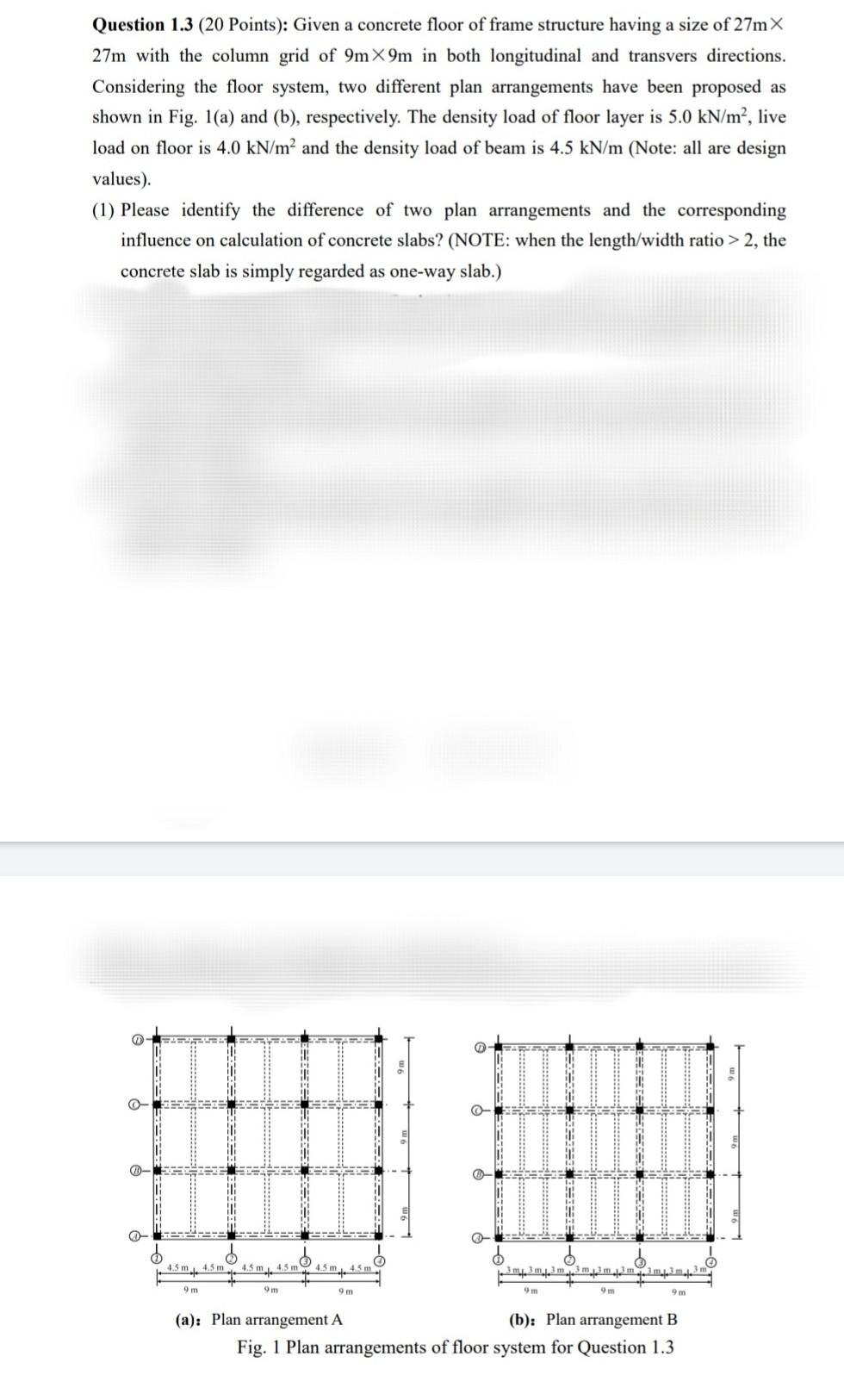 Question 1 3 20 Points Given A Concrete Floor Of Frame Structure Having A Size Of 27 M 27 M With The Column Grid Of 1